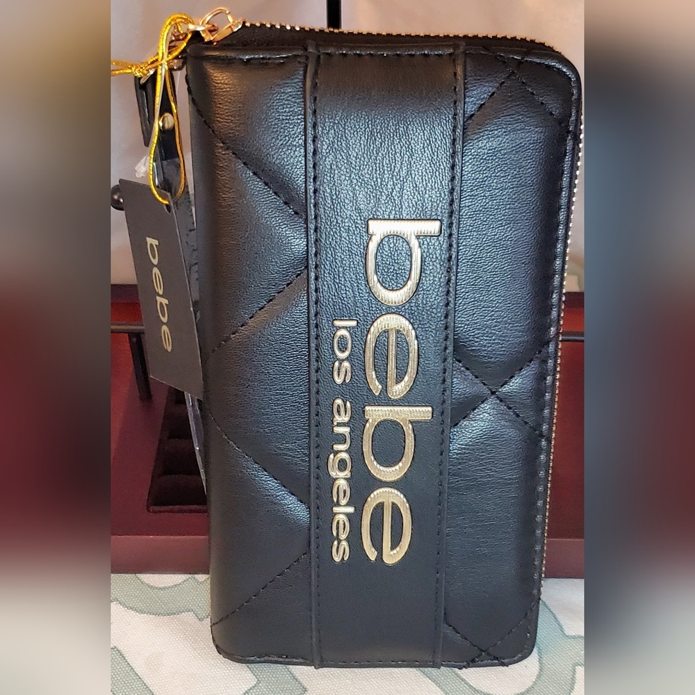 Bebe Black Zippered Wallet with Gold Accents. NWT